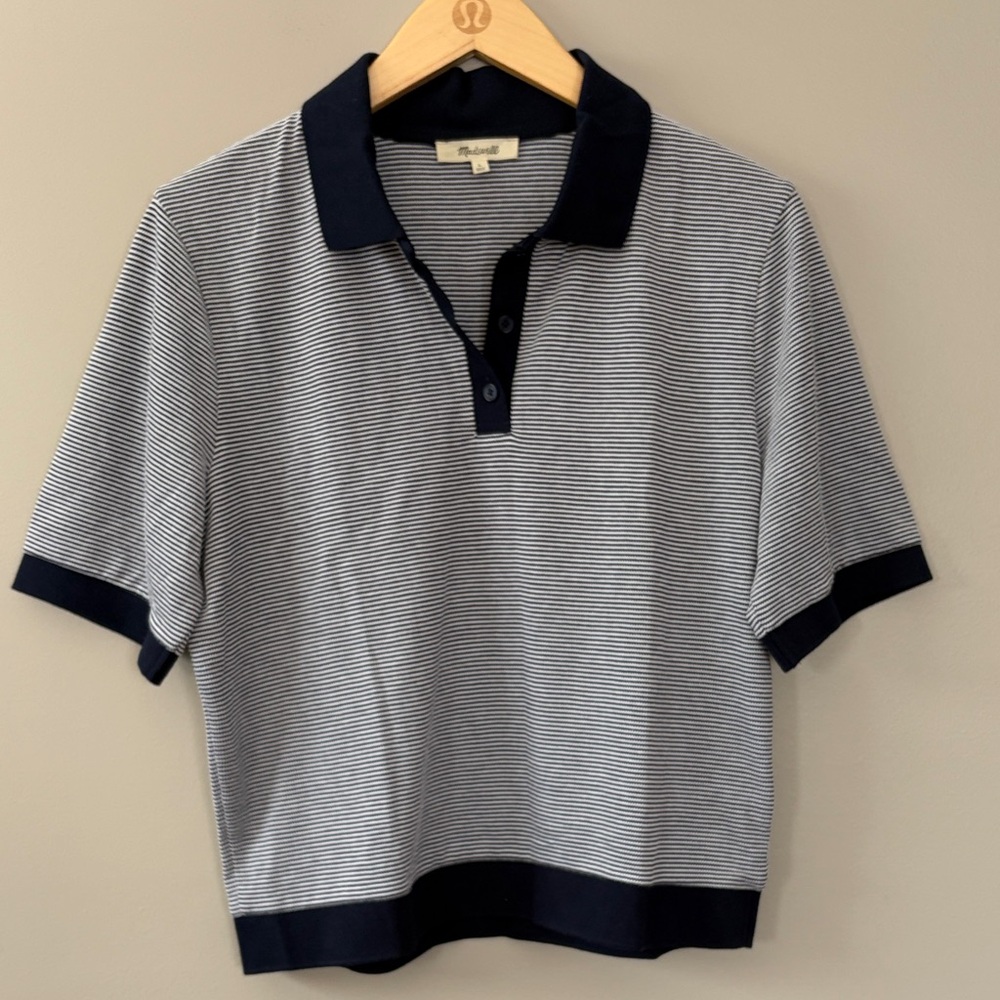 Madewell Striped Shrunken Knit Polo Tee Size Large Navy White